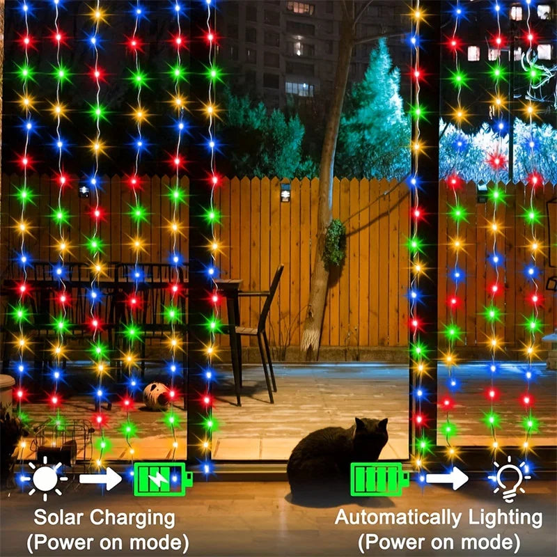 Solar Curtain Light Outdoor Waterproof Solar Fairy Garland String Lights for Garden Yard Pavilion Wedding Party Holiday Decor