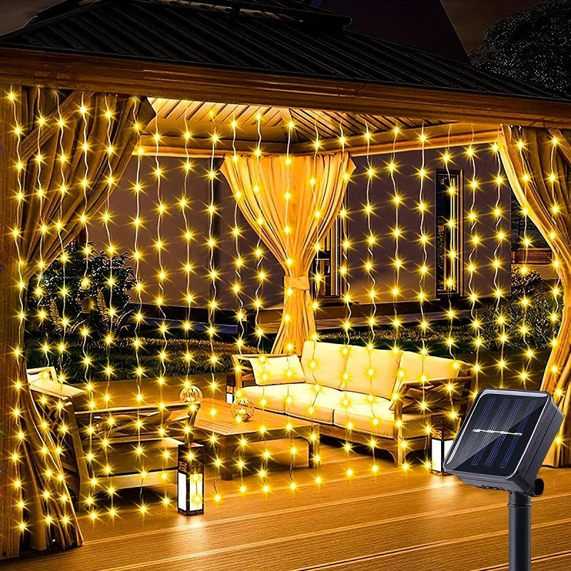 Solar Curtain Light Outdoor Waterproof Solar Fairy Garland String Lights for Garden Yard Pavilion Wedding Party Holiday Decor